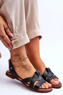 New 40185 Wygodne Skórzane Wsuwane Sandały Czarne Damskie Sandały Płaskie