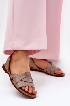 Sandały Płaskie>Zazoo 40185 Wygodne Skórzane Wsuwane Sandały Ciemnobeżowe Beżowy