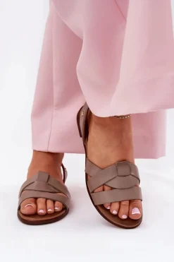 Sandały Płaskie>Zazoo 40185 Wygodne Skórzane Wsuwane Sandały Ciemnobeżowe Beżowy