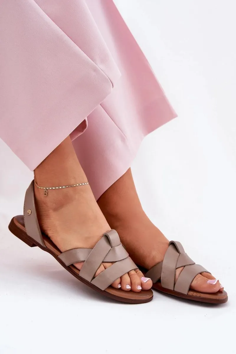 Sandały Płaskie>Zazoo 40185 Wygodne Skórzane Wsuwane Sandały Ciemnobeżowe Beżowy