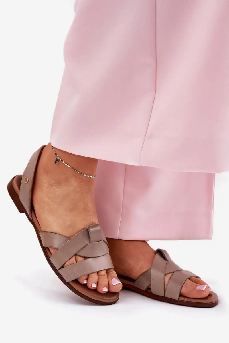 Sandały Płaskie>Zazoo 40185 Wygodne Skórzane Wsuwane Sandały Ciemnobeżowe Beżowy