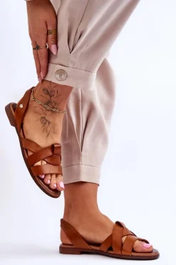 Sandały Płaskie>Zazoo 40185 Wygodne Skórzane Wsuwane Sandały Brązowe Brązowy