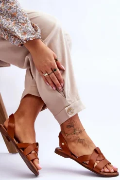 Sandały Płaskie></noscript>Zazoo 40185 Wygodne Skórzane Wsuwane Sandały Brązowe Brązowy