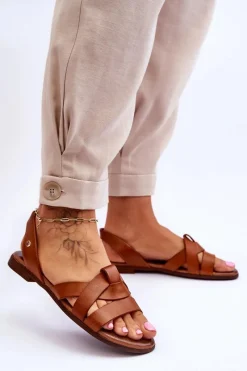 Sandały Płaskie></noscript>Zazoo 40185 Wygodne Skórzane Wsuwane Sandały Brązowe Brązowy