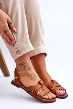 Sandały Płaskie></noscript>Zazoo 40185 Wygodne Skórzane Wsuwane Sandały Brązowe Brązowy