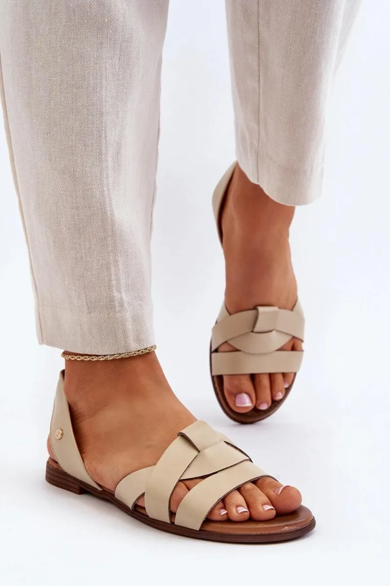 Clearance 40185 Wygodne Skórzane Wsuwane Sandały Beżowe Damskie Sandały Płaskie