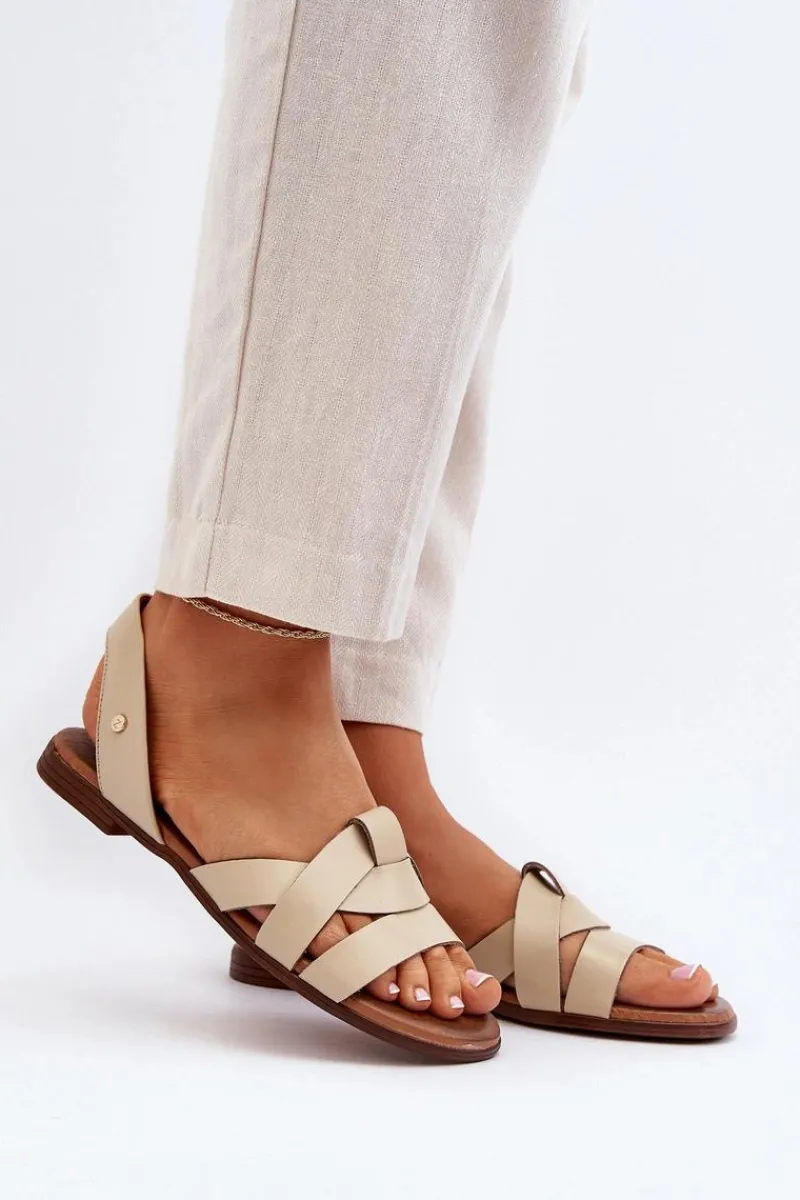 Clearance 40185 Wygodne Skórzane Wsuwane Sandały Beżowe Damskie Sandały Płaskie