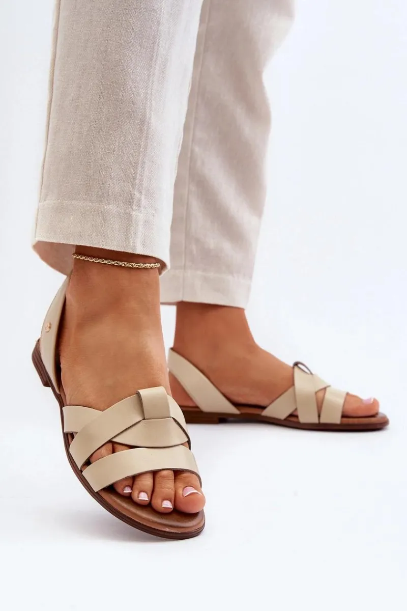 Clearance 40185 Wygodne Skórzane Wsuwane Sandały Beżowe Damskie Sandały Płaskie