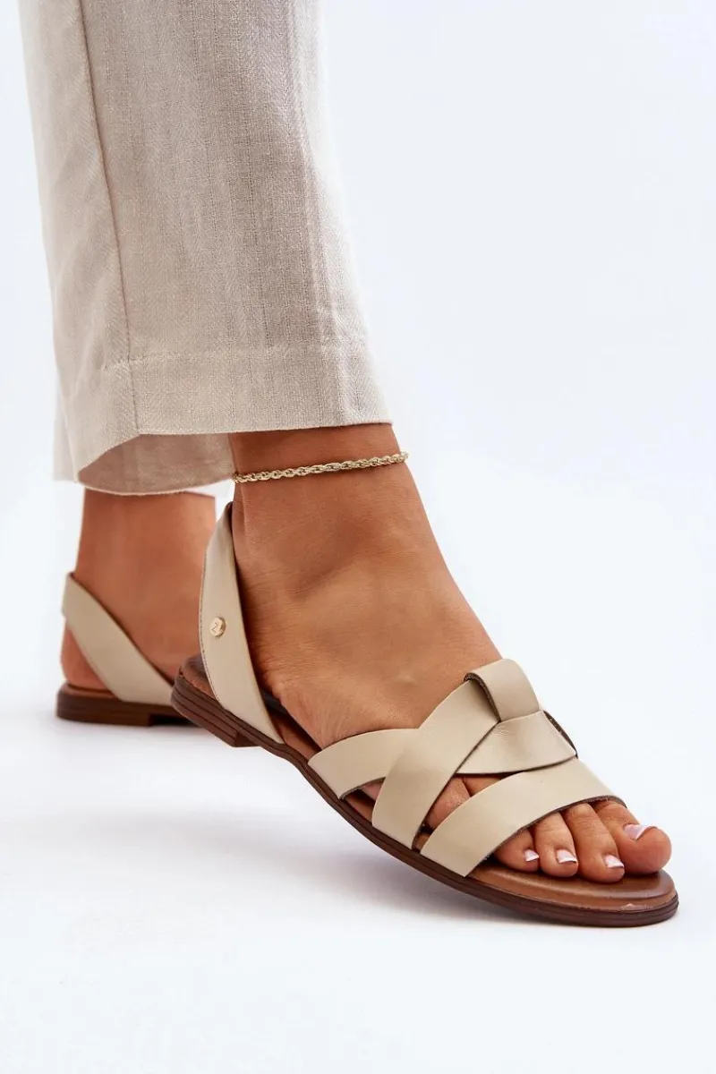 Clearance 40185 Wygodne Skórzane Wsuwane Sandały Beżowe Damskie Sandały Płaskie