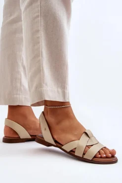 Clearance 40185 Wygodne Skórzane Wsuwane Sandały Beżowe Damskie Sandały Płaskie