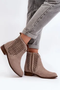 Sale 2791 Zamszowe Ażurowe Botki Beżowe Damskie Botki Wiosenne|Botki Skórzane