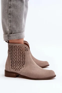 Sale 2791 Zamszowe Ażurowe Botki Beżowe Damskie Botki Wiosenne|Botki Skórzane