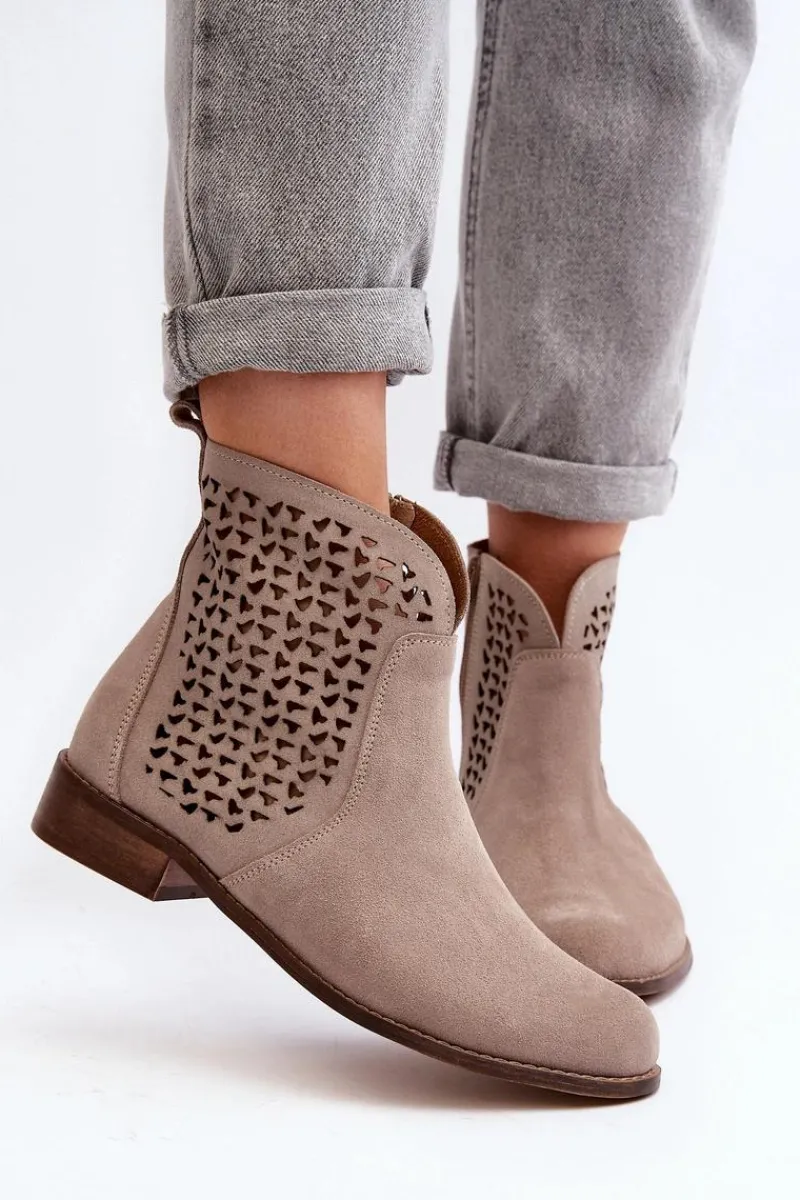 Sale 2791 Zamszowe Ażurowe Botki Beżowe Damskie Botki Wiosenne|Botki Skórzane