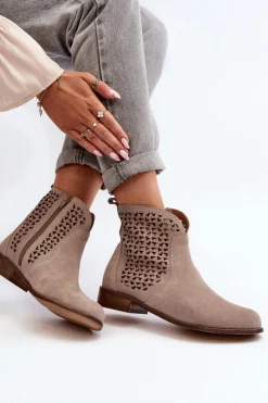 Sale 2791 Zamszowe Ażurowe Botki Beżowe Damskie Botki Wiosenne|Botki Skórzane
