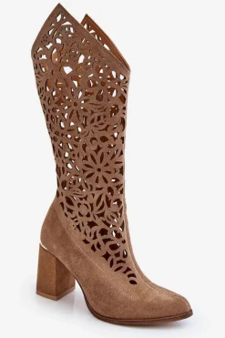 Sale Zazoo 3234 Zamszowe Ażurowe Kozaki Ciemnobeżowe