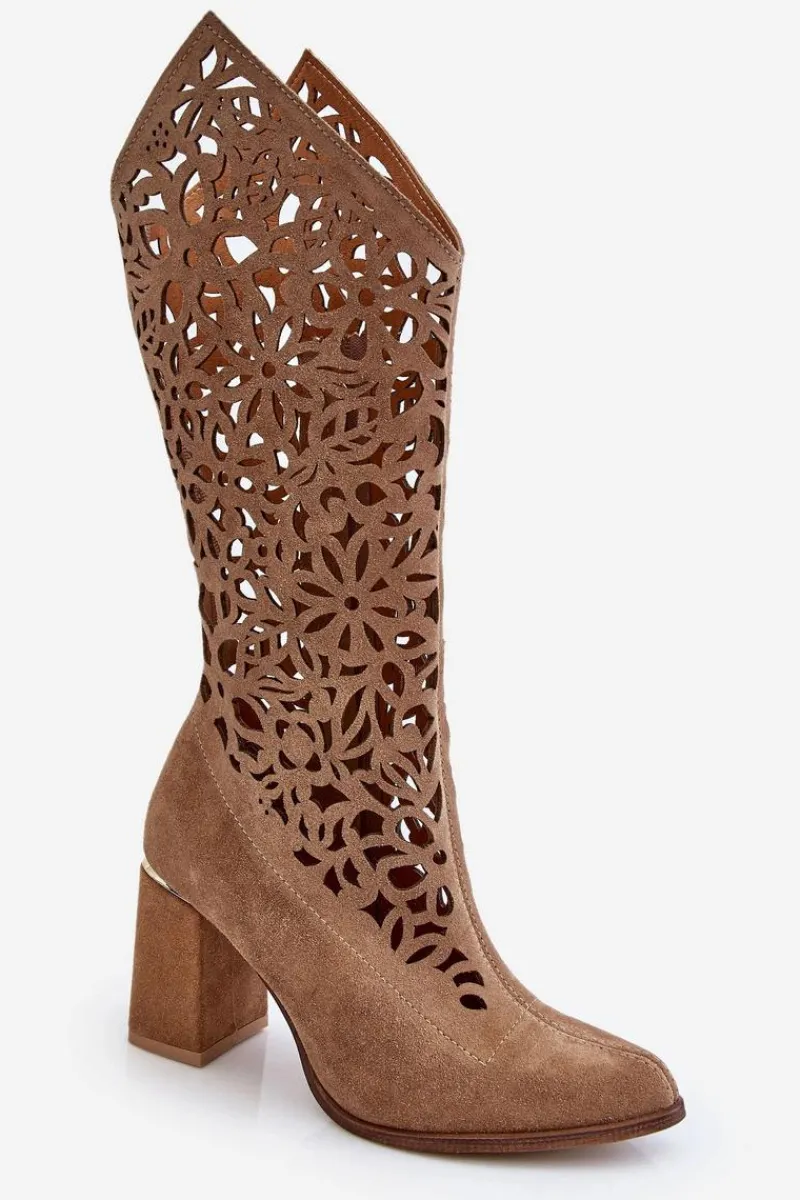 Sale Zazoo 3234 Zamszowe Ażurowe Kozaki Ciemnobeżowe