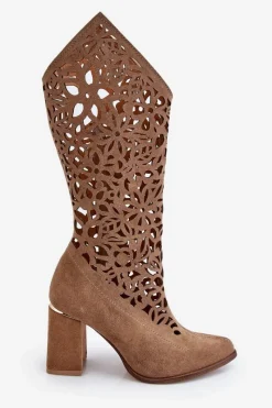 Sale Zazoo 3234 Zamszowe Ażurowe Kozaki Ciemnobeżowe