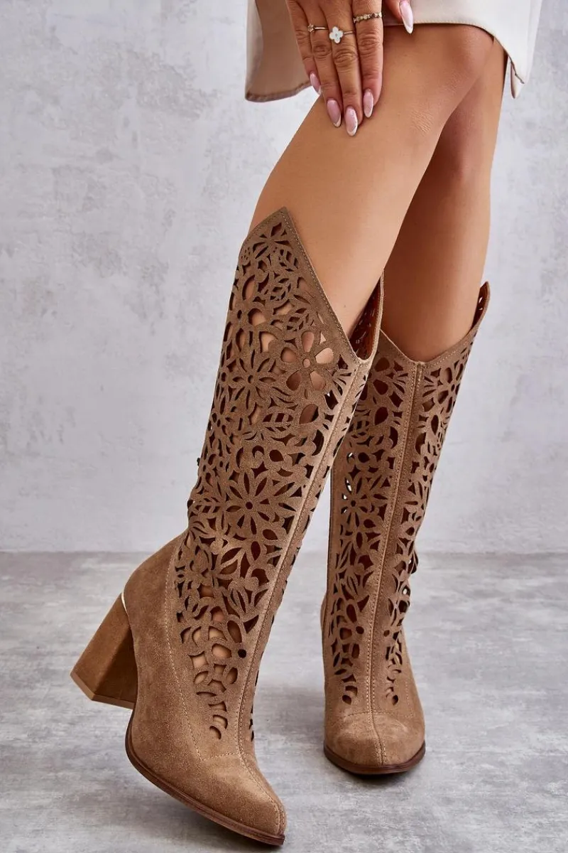 Sale Zazoo 3234 Zamszowe Ażurowe Kozaki Ciemnobeżowe