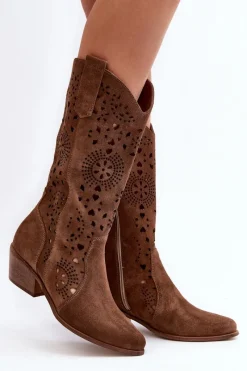 Kozaki Wiosenne|Kozaki Ażurowe>Boto Zazoo 3396 Zamszowe Ażurowe Kozaki Do Połowy Łydki Brązowe
