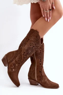 Kozaki Wiosenne|Kozaki Ażurowe>Boto Zazoo 3396 Zamszowe Ażurowe Kozaki Do Połowy Łydki Brązowe