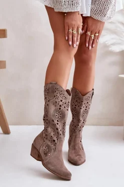 Sale Zazoo 3396 Zamszowe Ażurowe Kozaki Do Połowy Łydki Ciemnobeżowe Damskie Kozaki Wiosenne|Kozaki Ażurowe