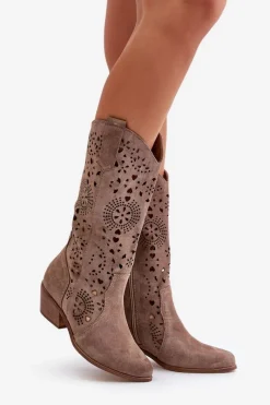 Sale Zazoo 3396 Zamszowe Ażurowe Kozaki Do Połowy Łydki Ciemnobeżowe Damskie Kozaki Wiosenne|Kozaki Ażurowe