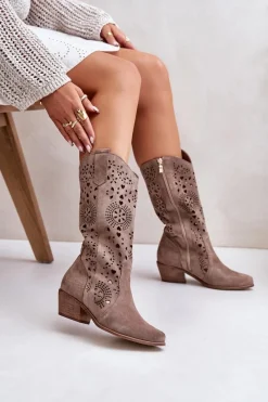 Sale Zazoo 3396 Zamszowe Ażurowe Kozaki Do Połowy Łydki Ciemnobeżowe Damskie Kozaki Wiosenne|Kozaki Ażurowe