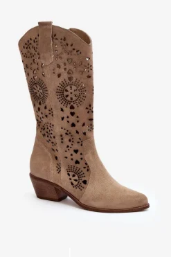 Boto Zazoo 3396 Zamszowe Ażurowe Kozaki Do Połowy Łydki Jasnobeżowe