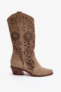 Boto Zazoo 3396 Zamszowe Ażurowe Kozaki Do Połowy Łydki Jasnobeżowe