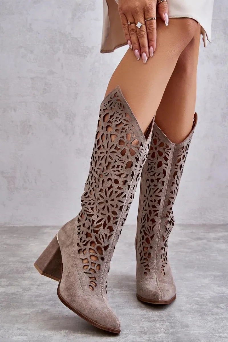 Kozaki Wiosenne|Kozaki Ażurowe>Zazoo 3234 Zamszowe Ażurowe Kozaki 3234 Cappuccino