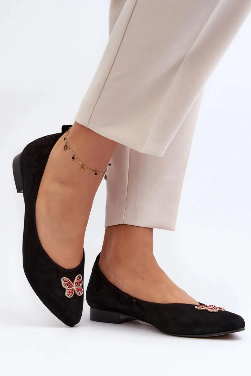 Online Zazoo 2887 Zamszowe Baleriny Z Ozdobnym Motylem Czarne Czarny
