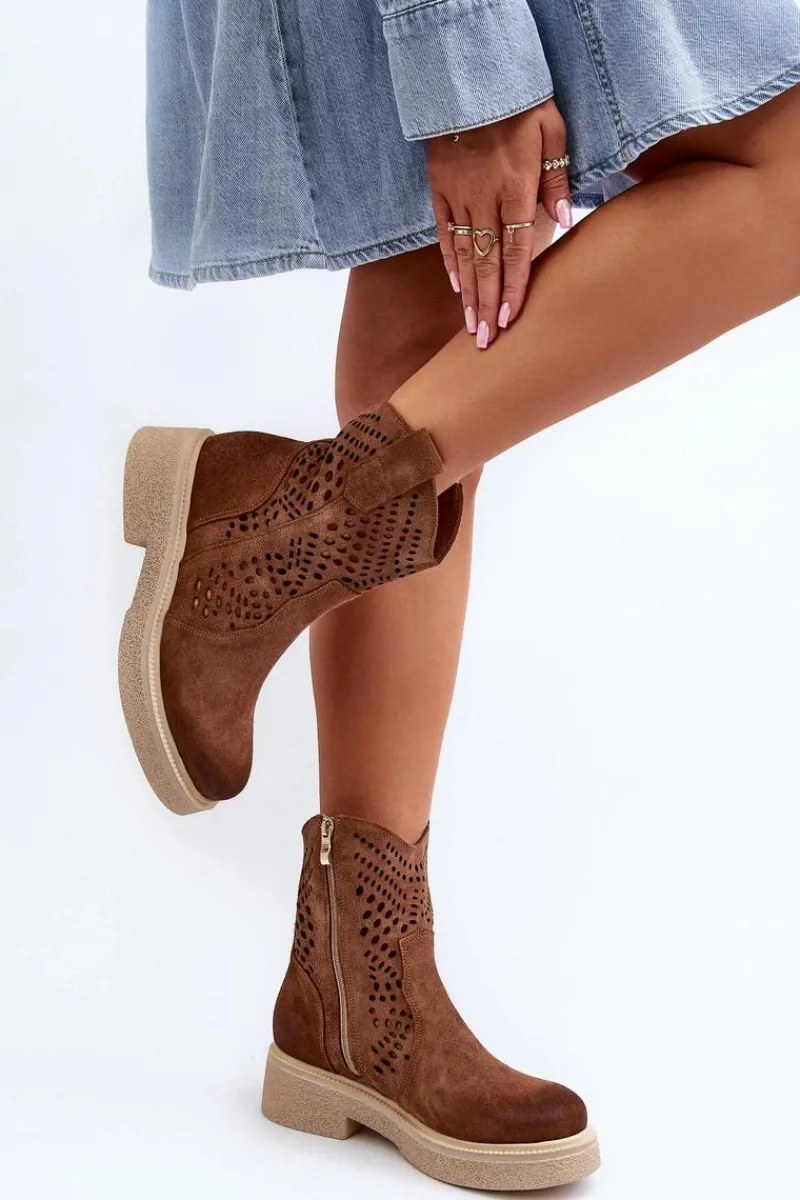Clearance 3470 Zamszowe Botki Damskie Na Płaskim Obcasie Ażurowe Brązowe Damskie Botki Wiosenne|Botki Ażurowe