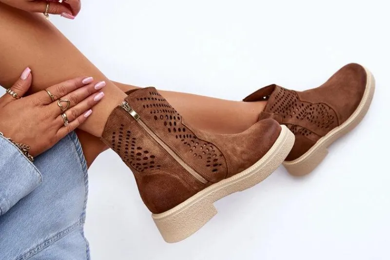 Clearance 3470 Zamszowe Botki Damskie Na Płaskim Obcasie Ażurowe Brązowe Damskie Botki Wiosenne|Botki Ażurowe