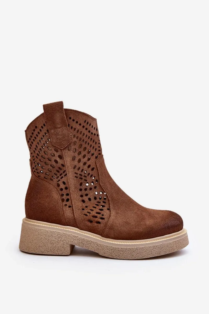 Clearance 3470 Zamszowe Botki Damskie Na Płaskim Obcasie Ażurowe Brązowe Damskie Botki Wiosenne|Botki Ażurowe