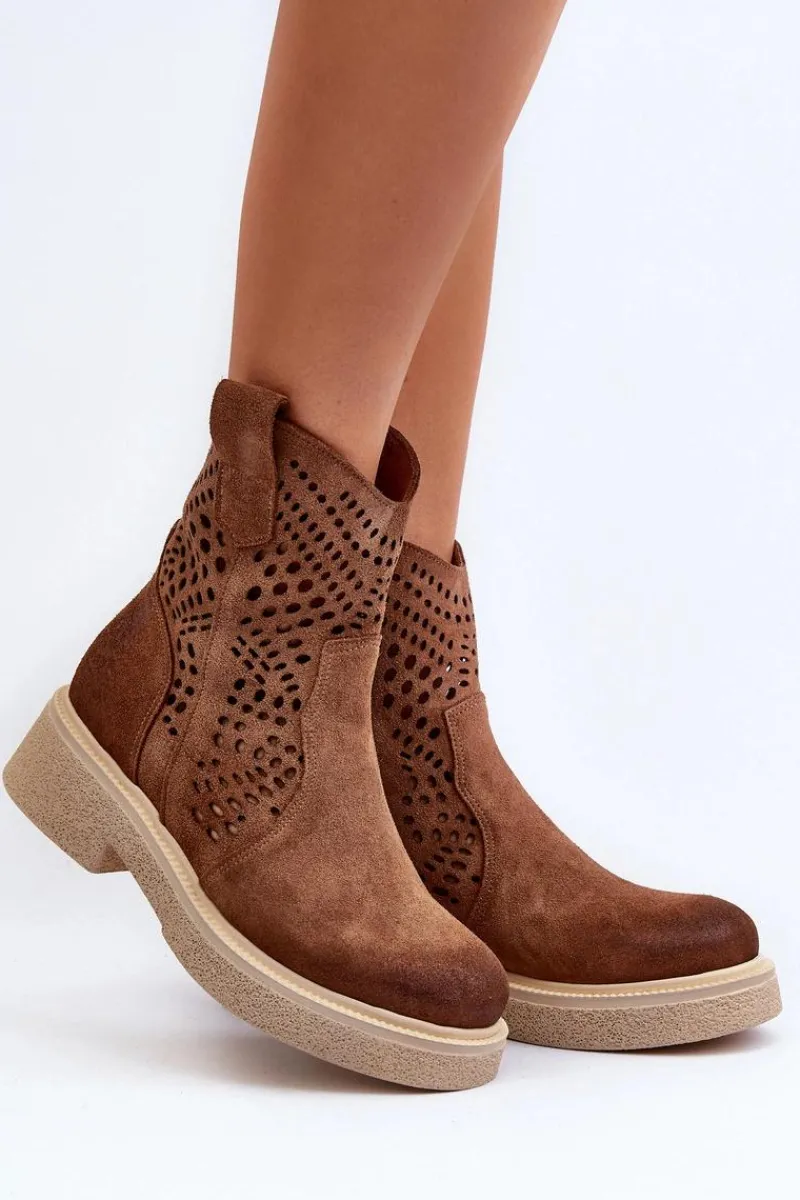 Clearance 3470 Zamszowe Botki Damskie Na Płaskim Obcasie Ażurowe Brązowe Damskie Botki Wiosenne|Botki Ażurowe