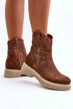 Clearance 3470 Zamszowe Botki Damskie Na Płaskim Obcasie Ażurowe Brązowe Damskie Botki Wiosenne|Botki Ażurowe