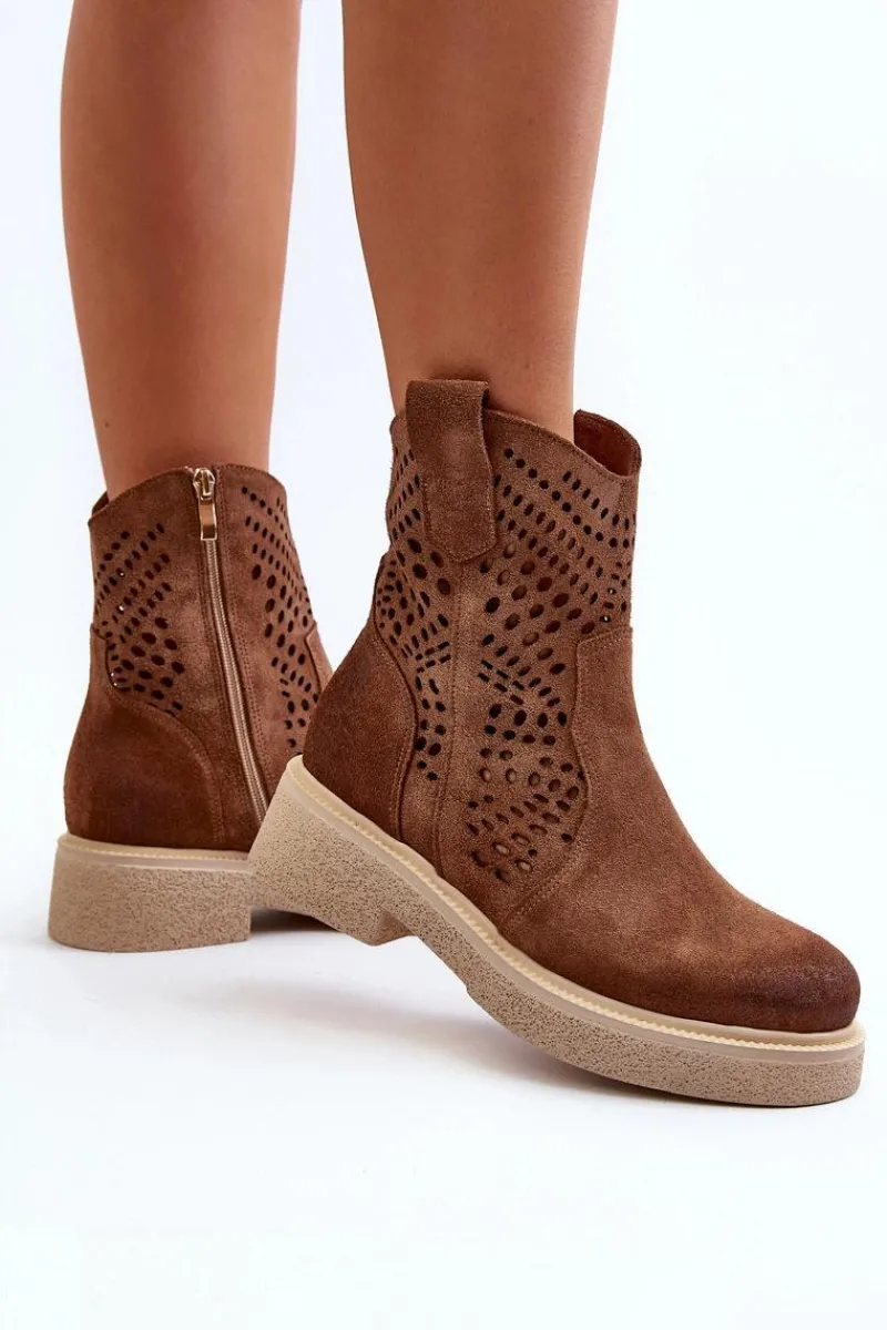 Clearance 3470 Zamszowe Botki Damskie Na Płaskim Obcasie Ażurowe Brązowe Damskie Botki Wiosenne|Botki Ażurowe