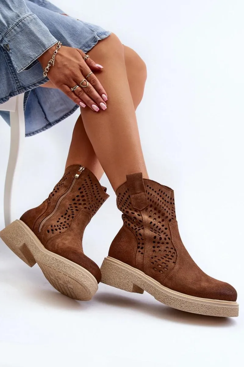Clearance 3470 Zamszowe Botki Damskie Na Płaskim Obcasie Ażurowe Brązowe Damskie Botki Wiosenne|Botki Ażurowe