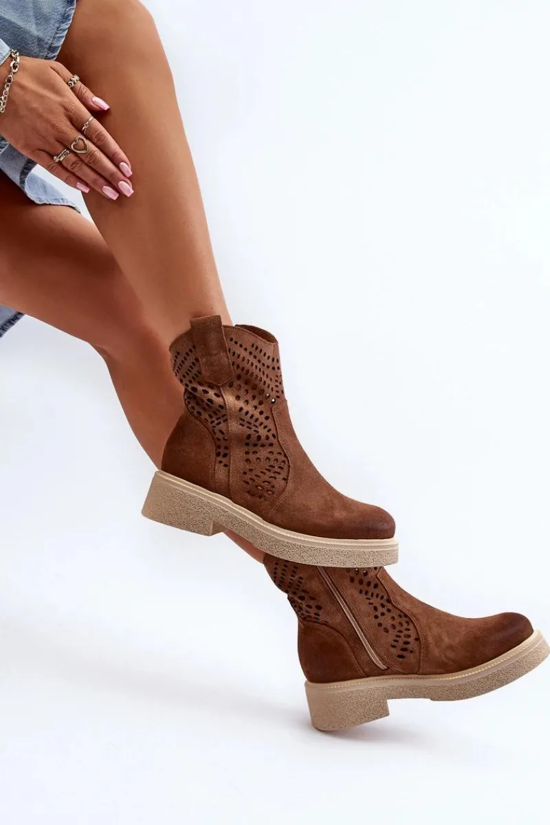 Clearance 3470 Zamszowe Botki Damskie Na Płaskim Obcasie Ażurowe Brązowe Damskie Botki Wiosenne|Botki Ażurowe