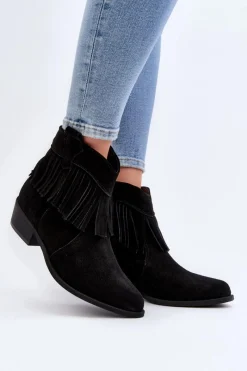 Botki Wiosenne|Botki Skórzane>Zazoo 3430 Zamszowe Botki Damskie Z Frędzlami Czarne