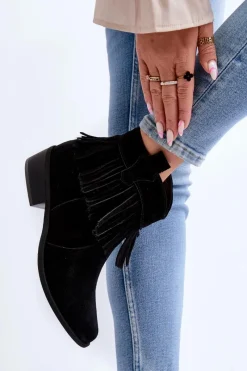 Botki Wiosenne|Botki Skórzane></noscript>Zazoo 3430 Zamszowe Botki Damskie Z Frędzlami Czarne