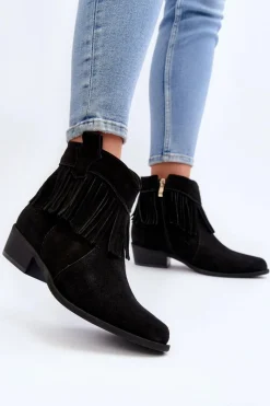 Botki Wiosenne|Botki Skórzane></noscript>Zazoo 3430 Zamszowe Botki Damskie Z Frędzlami Czarne