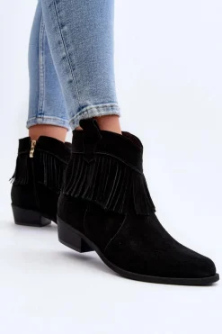 Botki Wiosenne|Botki Skórzane></noscript>Zazoo 3430 Zamszowe Botki Damskie Z Frędzlami Czarne
