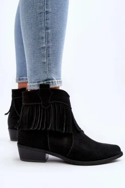 Botki Wiosenne|Botki Skórzane></noscript>Zazoo 3430 Zamszowe Botki Damskie Z Frędzlami Czarne
