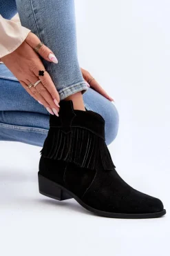 Botki Wiosenne|Botki Skórzane></noscript>Zazoo 3430 Zamszowe Botki Damskie Z Frędzlami Czarne