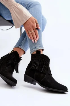 Botki Wiosenne|Botki Skórzane></noscript>Zazoo 3430 Zamszowe Botki Damskie Z Frędzlami Czarne