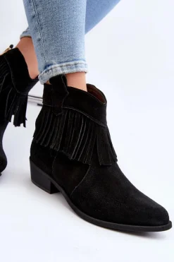 Botki Wiosenne|Botki Skórzane></noscript>Zazoo 3430 Zamszowe Botki Damskie Z Frędzlami Czarne