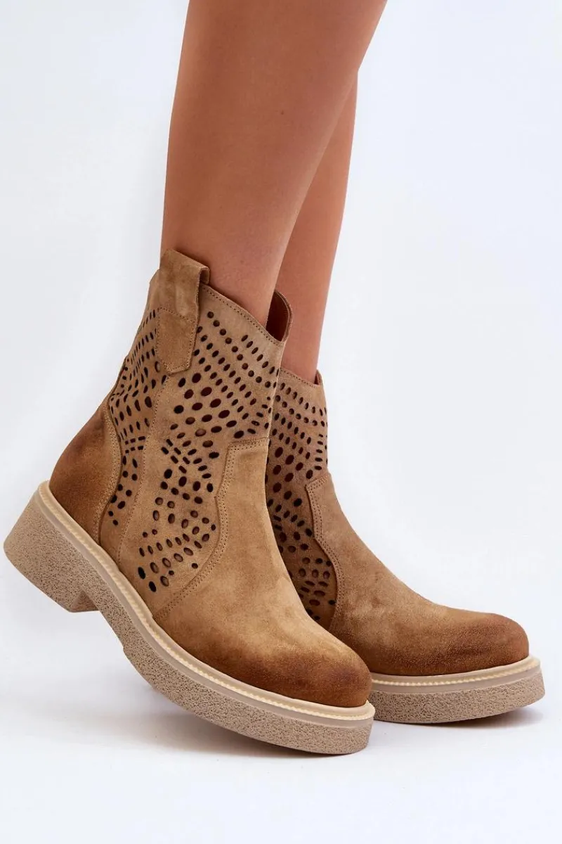 Hot Zazoo 3470 Zamszowe Botki Damskie Na Płaskim Obcasie Ażurowe Beżowe Beżowy