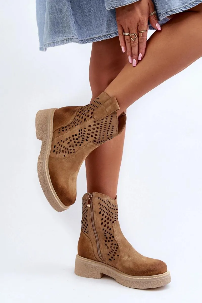 Hot Zazoo 3470 Zamszowe Botki Damskie Na Płaskim Obcasie Ażurowe Beżowe Beżowy