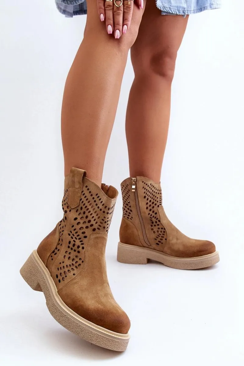 Hot Zazoo 3470 Zamszowe Botki Damskie Na Płaskim Obcasie Ażurowe Beżowe Beżowy